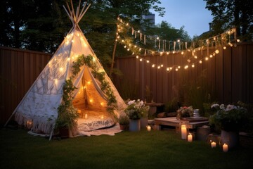 backyard teepee decorated for summer solstice