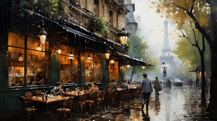Parisian cafe on wooden tables with coffee cups and croissants watercolor