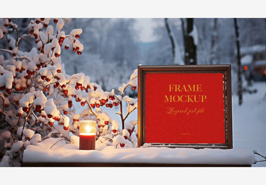 Christmas Frame Mockup: Snowy Landscape with Candle, Tree Branches, and Picture Frame in Snow Frame Mockup Christmas New Year
