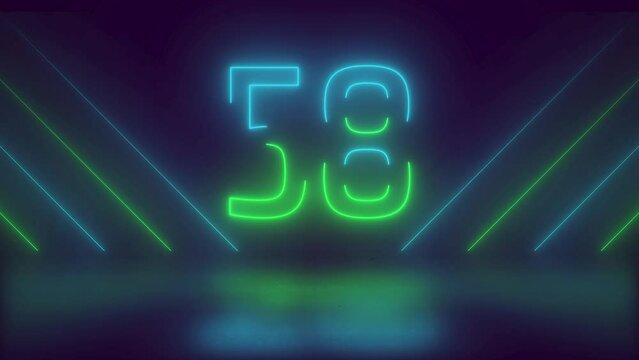 Neon Light 60 Seconds Countdown on black background. Running dynamic light. Timer from 60 to 0 seconds. 1 minute countdown. 30 or 10 seconds. Big 3D Numbers animated for intros