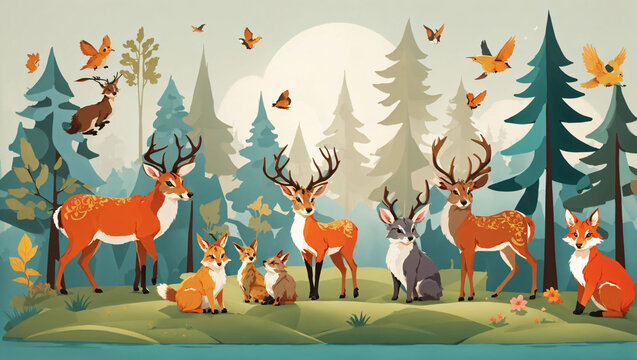 Bring out the playfulness of a group of forest animals in a whimsical woodland setting, all rendered in a minimalist vector style. Use basic shapes and crisp lines to define the animals generative AI