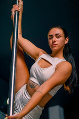 portrait of a young beautiful girl on a pole sexy woman shows sexy body Pole dance sport