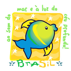 Fototapeta premium Cute fish in the colors of the Brazilian flag, Brazil print, anthem and patriotic phrase. vector illustration