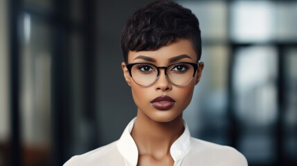 Photo of a beautiful African American supermodel in fashionable glasses and a stylish hairstyle