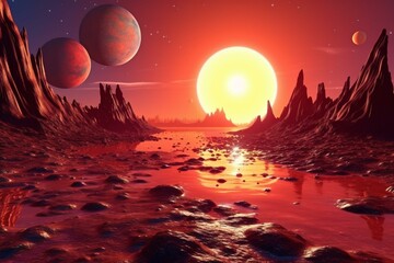 3D illustration of an alien landscape with a sunset on a planet in a binary star system. Stunning space wallpaper. Generative AI