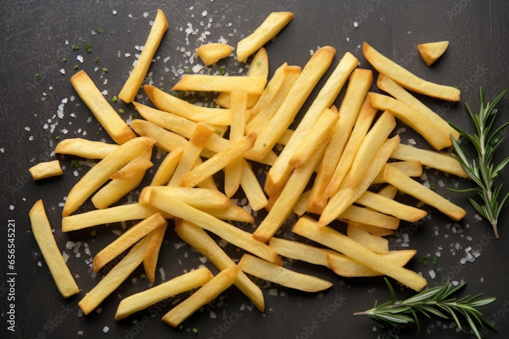 Sticker top down view of clean-cut french fries on a grey surface