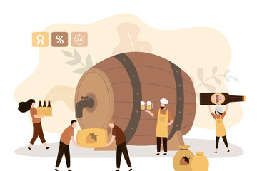 Brewery, concept banner. Craft beer production, modern brewing process. Team of workers with beer. Beerhouse technology for barleys and hops processing into an alcoholic drink.