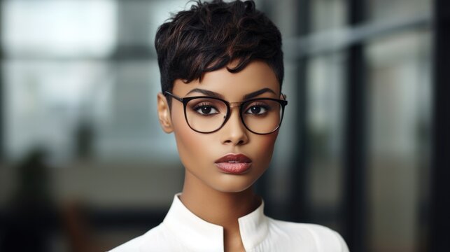 Photo of a beautiful African American supermodel in fashionable glasses and a stylish hairstyle