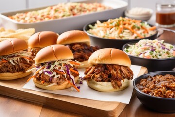 carolina pulled pork assembly line with buns, slaw, and sauce