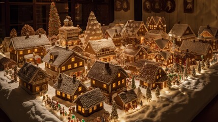 Fototapeta na wymiar Traditional Christmas village made of gingerbread houses. Merry Christmas and happy new year concept. Food for the celebration. 