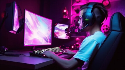 Professional gamer wearing headphones participating in eSport tournament, online video game, cyber sportsman playing tournaments on computer at home, Cybersport concept, blurred image