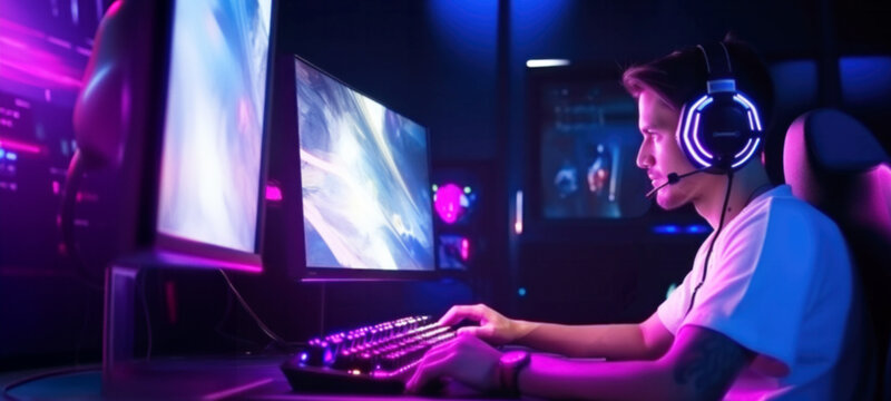 Professional gamer wearing headphones participating in eSport tournament, online video game, cyber sportsman playing tournaments on computer at home, Cybersport concept, blurred image