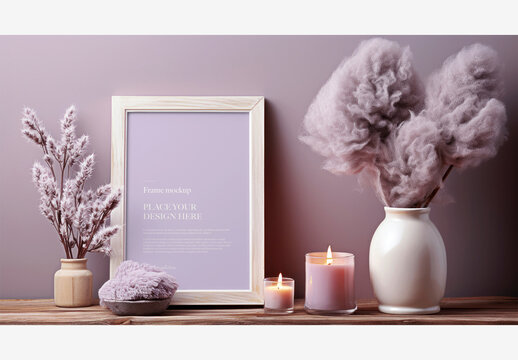 Frame Mockup Christmas New Year: Elegant Picture Frame on Wooden Table with Candle, Flower Vase, and Holder