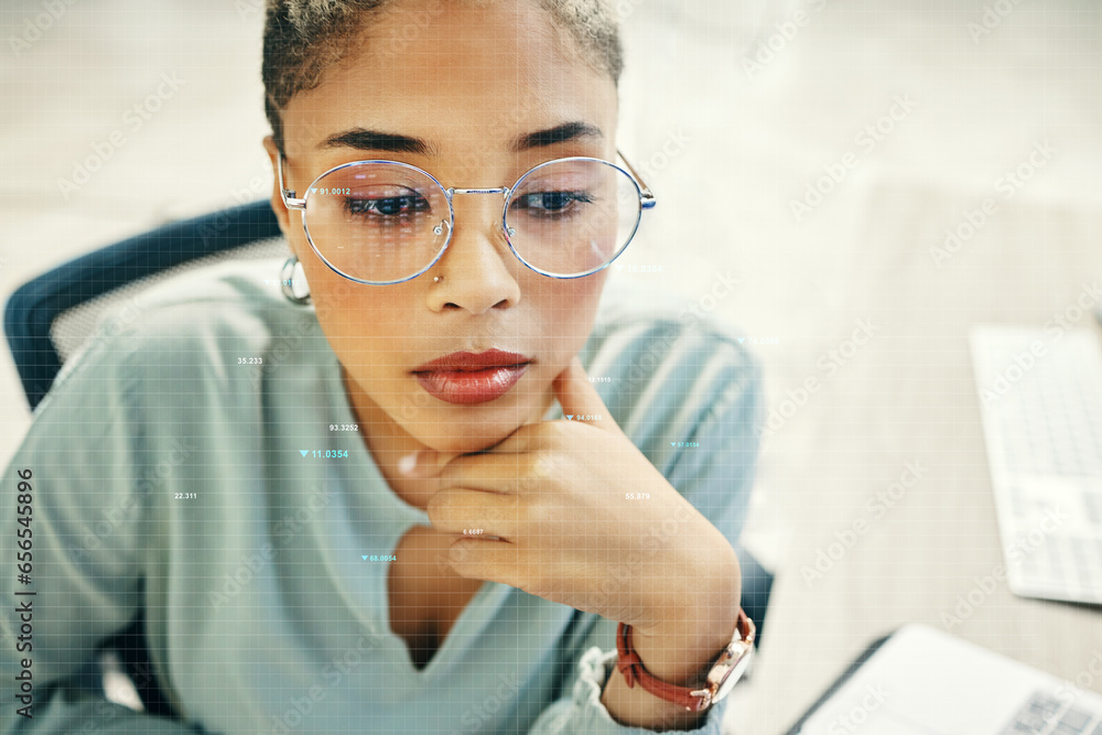 Poster Thinking, programmer and woman with code, reflection and connection with planning, stock market and investment. Person, trade and employee with glasses, hologram and overlay with data and finance