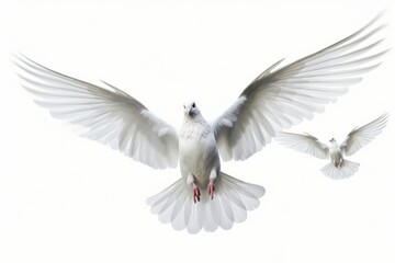 Obraz premium white dove in flightcon white background, Generative AI