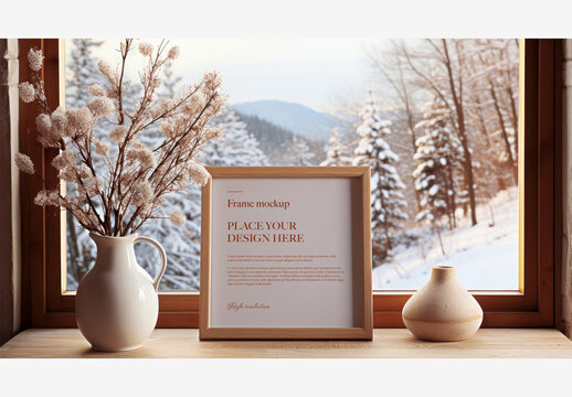 Christmas Frame Mockup: Window Sill with Picture Frame, Flower Vase, and Plant - Perfect for New Year Stock Photos Frame Mockup Christmas New Year