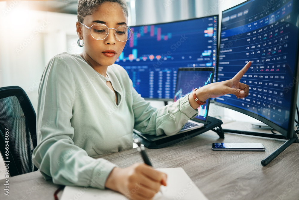 Poster Woman, computer screen and trading, writing notes from dashboard and financial information with investment. Stock market stats, finance and data analysis, cryptocurrency and trader with numbers chart