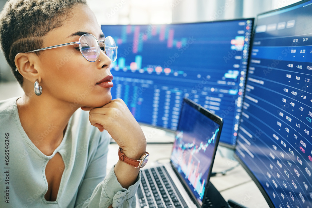Poster Woman, thinking at computer screen with trading, dashboard and financial information with investment and trader. Stock market stats, finance and data analysis with cryptocurrency and numbers chart