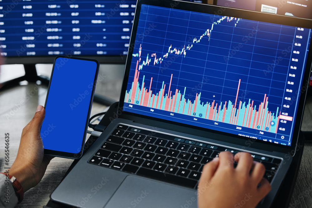 Poster hands, laptop and phone screen mockup with data analytics, trading and graph with stock market infor