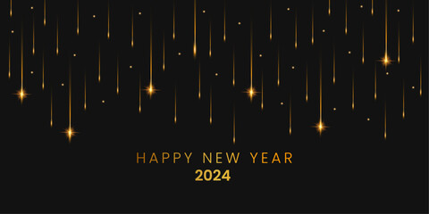 Happy new year 2024 background. Shimmering golden particles on a dark background. Abstract holiday background