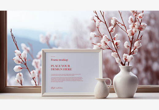Christmas New Year Frame Mockup: Window Sill with Mountain View, Vase with Flowers and Pitcher Frame Mockup Christmas New Year