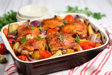 baked chicken thighs placed on an oven-proof dish with vegetables - obrazy, fototapety, plakaty