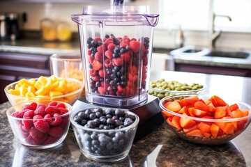a blender filled with berries and juice, before blending into a smoothie