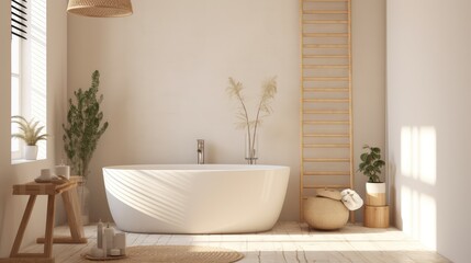 Comfortable bathroom with interior design in boho chic style, bathtub, vintage commode with mirror, wicker armchair, fluffy carpet and green houseplants in flowerpots