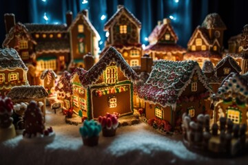 Traditional Christmas village made of gingerbread houses. Merry Christmas and happy new year concept. Food for the celebration. 