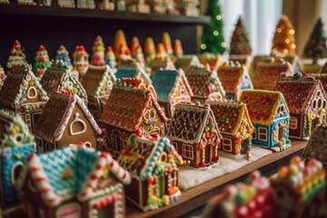 Traditional Christmas village made of gingerbread houses. Merry Christmas and happy new year concept. Food for the celebration. 