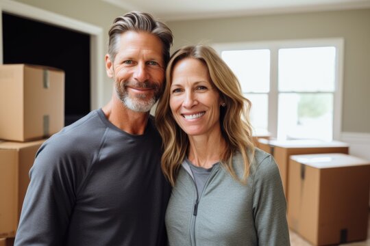 Portrait Of A Middle Aged Couple Posing In Their New Apartment After Moving In