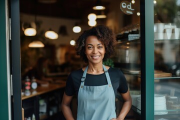 Portrait of smiling young female grocery worker in front of her store