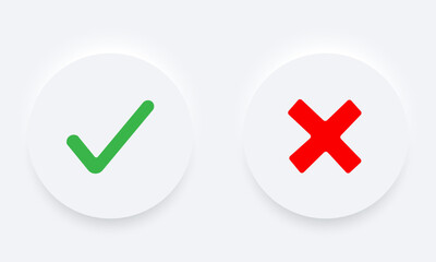 Green check mark and red cross vector icons in modern neomorphic white style. Yes or no symbols. Vector on white background EPS 10