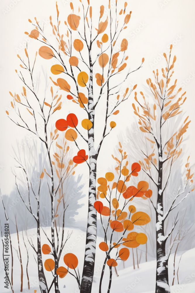 Poster autumn birch leaves with the first snow graphics