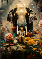 a child squatting next to an elephant. wild life animal poster