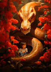 a child squatting next to an giant snake. wild life animal poster