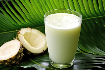 tropical leaves surrounding a glass of chilled pina colada