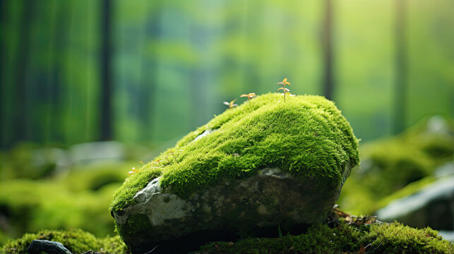 A stone covered with green moss on a blurred forest background. Close-up. Natural background with copy space for your design.