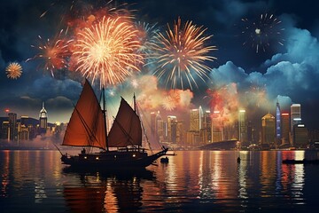 Spectacular pyrotechnic display lighting up Victoria Harbor in Hong Kong. Generative AI