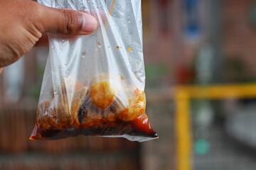 Close up view of Indonesia's street food, pentol meatball or skewer meatballs in Sleman, Daerah Istimewa Yogyakarta. Indonesian street food