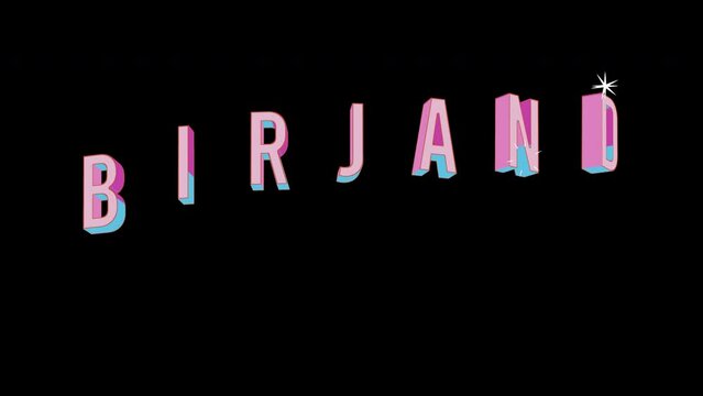 Bright letters jump merrily in the inscription BIRJAND city. Retro. Alpha channel black. Looped from frame 120 to 240, Alpha BW at the end