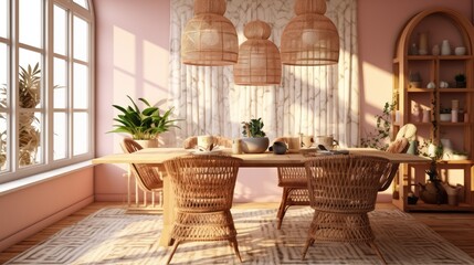 Plants and rug in natural dining room interior with white chairs and table under lamp. Real photo