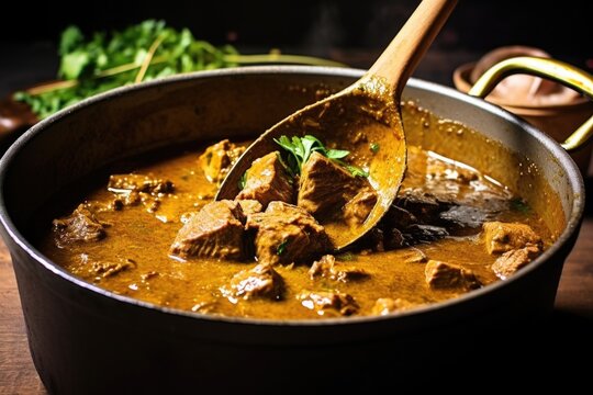 focus on a ladle scooping up big chunks of beef curry