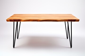 Contemporary wooden table with black metal legs on white background in distinctive form. Generative AI