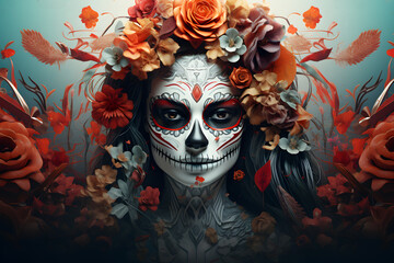 Beautiful art of Catrina Sugar Skull woman makeup with flowers, Day of the Dead background wallpaper, Skeleton head, Mexican festival, Generative AI