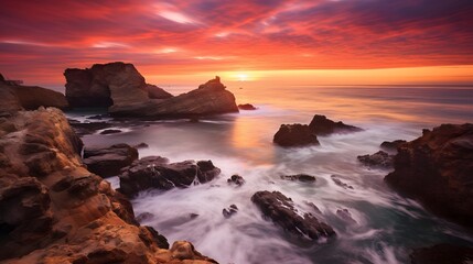 Beautiful sunset over the sea. Panoramic view of the rocky coast.