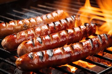 juicy bratwursts turning on a weekend barbeque spit - obrazy, fototapety, plakaty