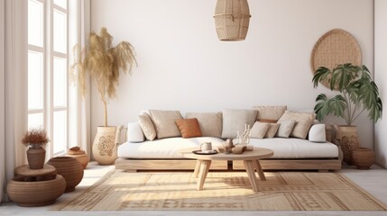 The stylish boho composition at living room interior with design beige sofa, coffee table, wicker baskets and elegant personal accessories. Brown and white pillows and plaid Cozy apartment. Home decor - obrazy, fototapety, plakaty