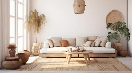 Fotobehang The stylish boho composition at living room interior with design beige sofa, coffee table, wicker baskets and elegant personal accessories. Brown and white pillows and plaid Cozy apartment. Home decor © zayatssv