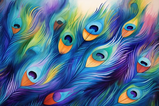 Watercolor close-up of peacock feathers displaying vibrant hues